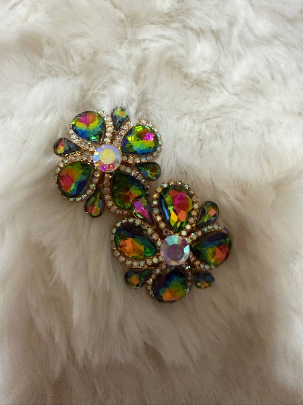 Iridescent Multicolor Floral Crystal Clip-On Earrings